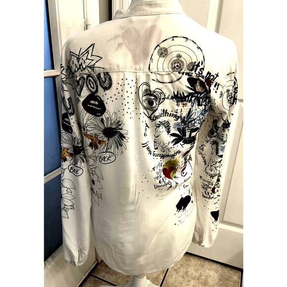 Desigual Graphic Long Sleeve Button Top White Multicolor Art Print – Size Small - Picture 3 of 6